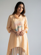 Peach Floral Printed Co-ord Set with Asymmetric Top and Striped Straight Pants