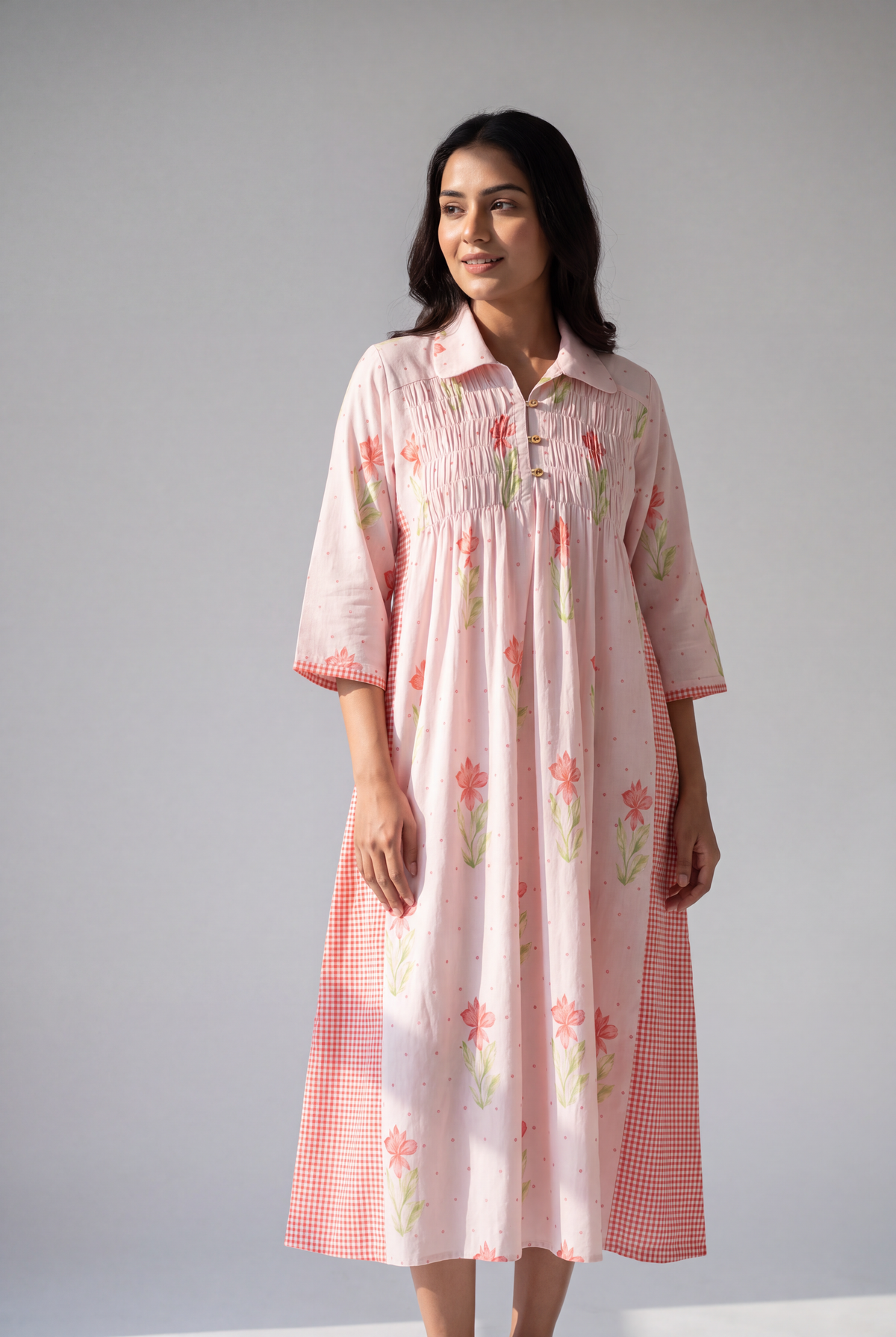 Blush Pink Floral Gingham Dress