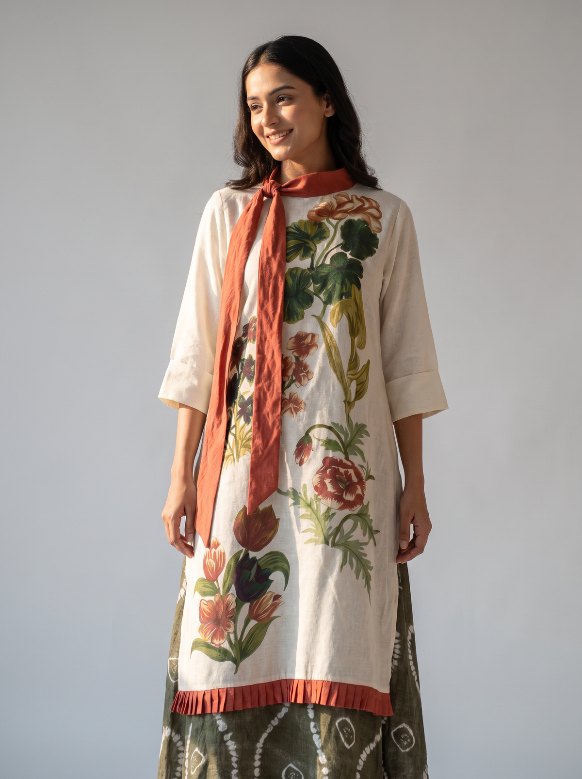Ivory Floral Printed Tunic with Rust Scarf