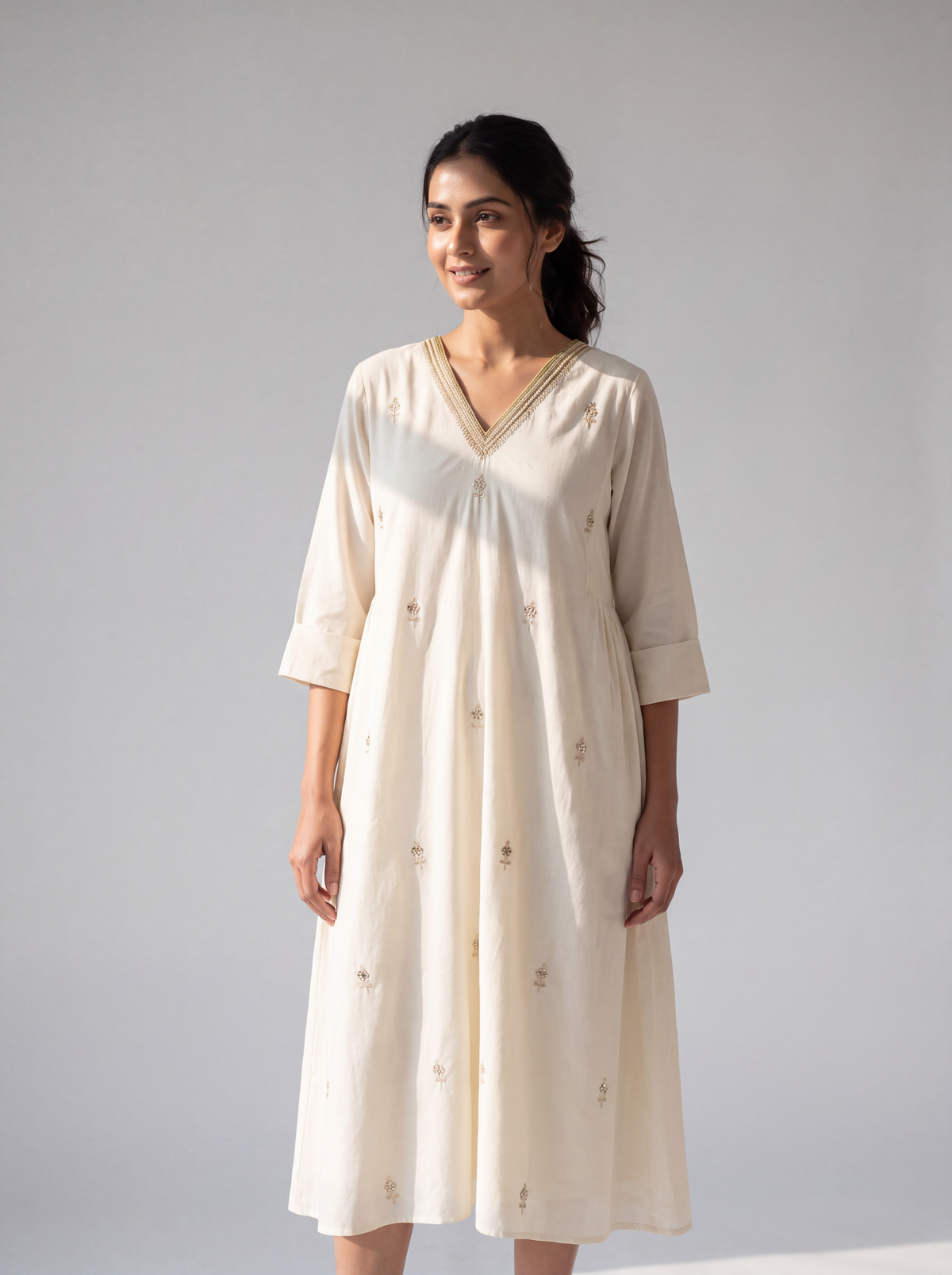 Ivory Embroidered V-Neck A-Line Dress