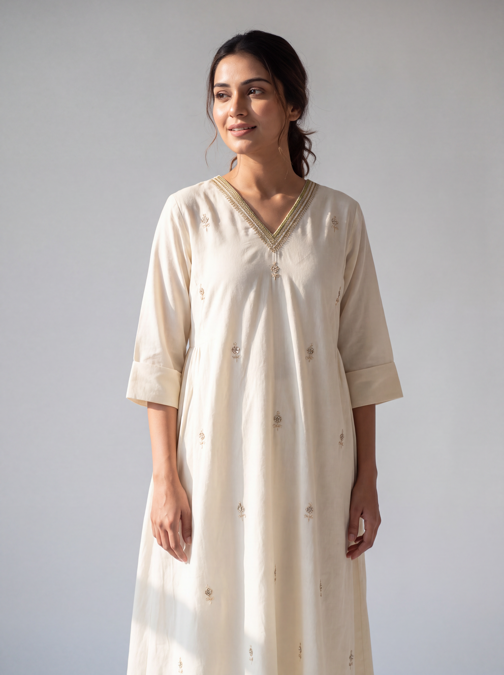 Ivory Embroidered V-Neck A-Line Dress