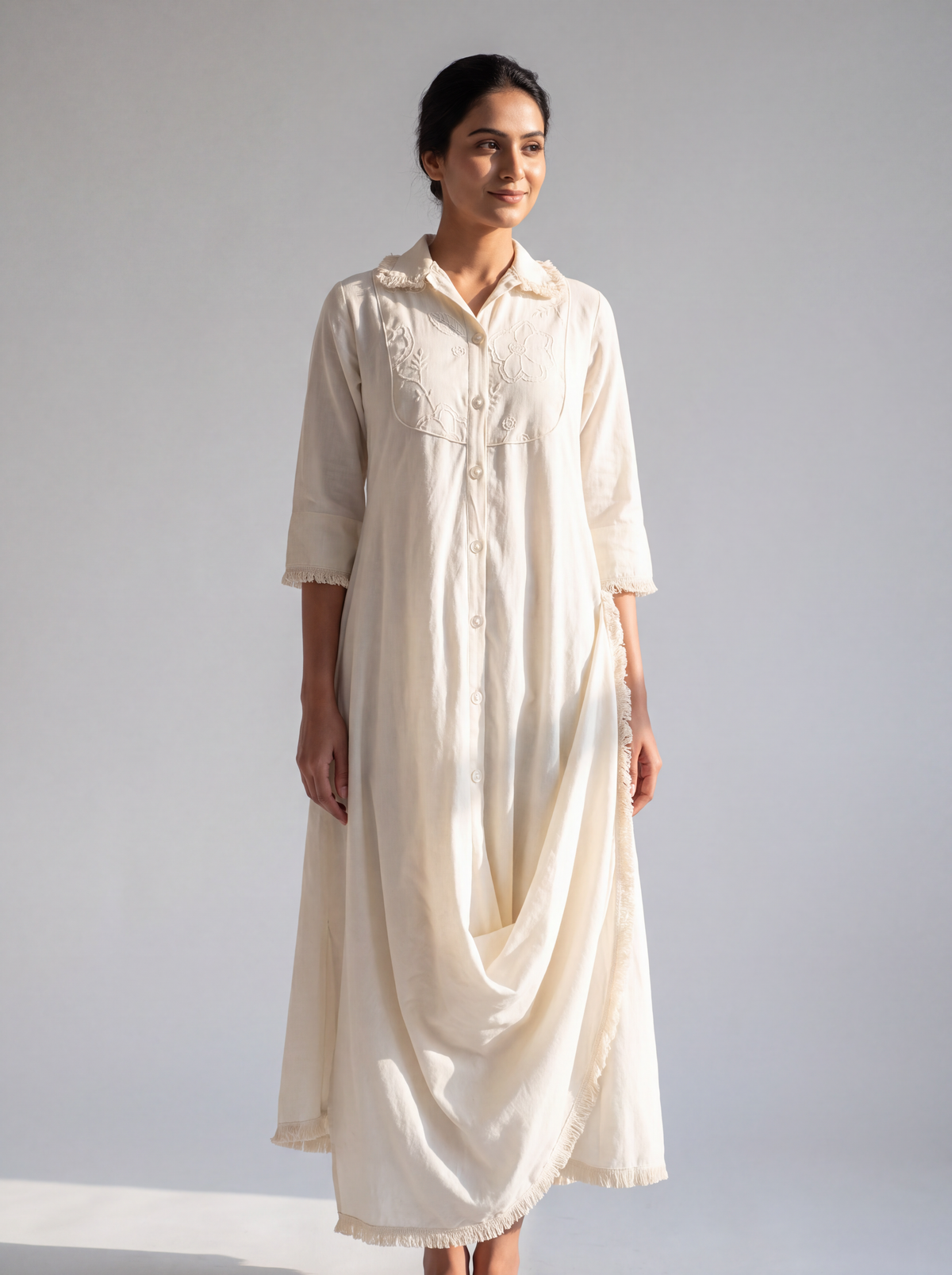Ivory Embroidered Drape Dress