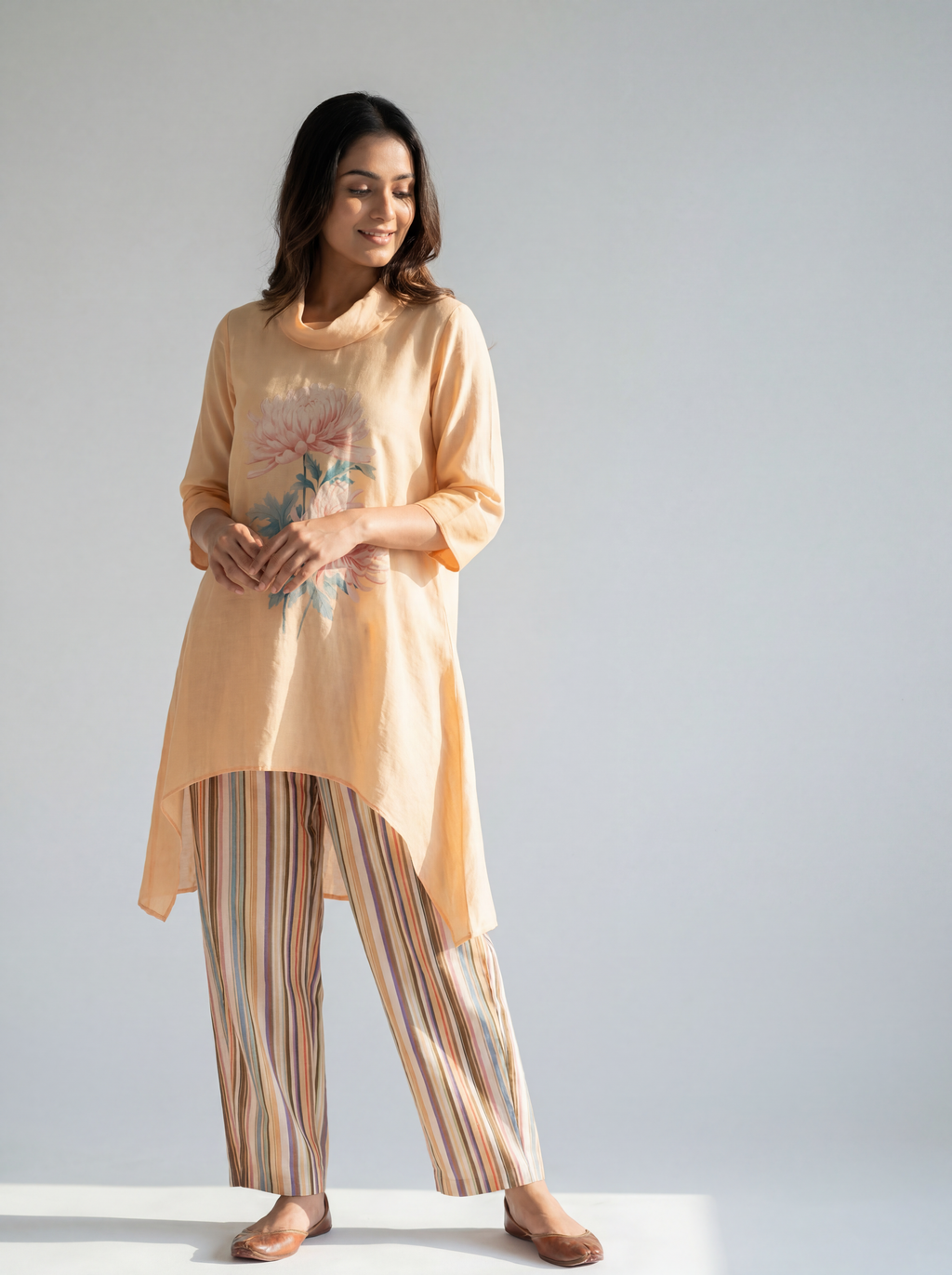 Peach Floral Printed Co-ord Set with Asymmetric Top and Striped Straight Pants