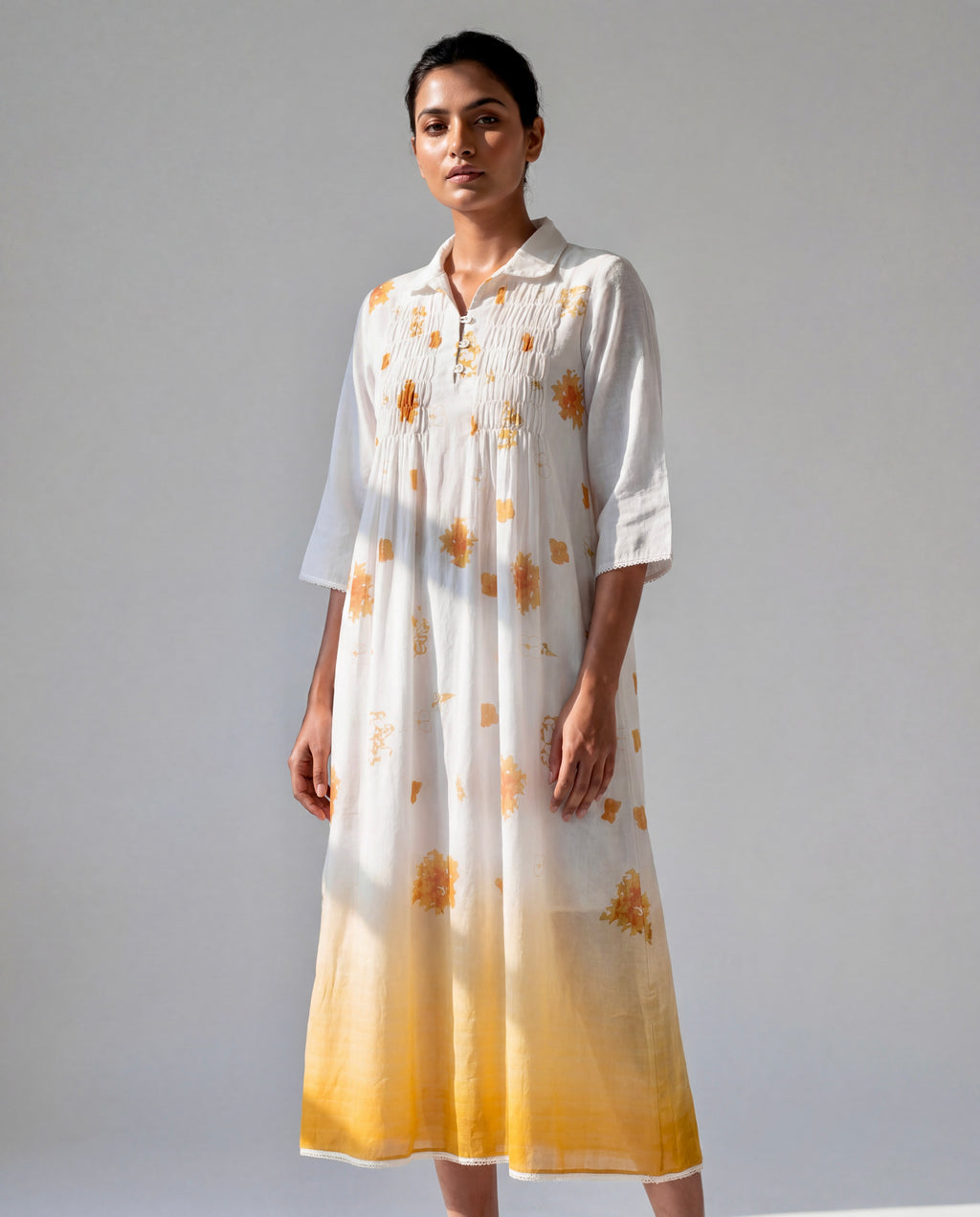 Ivory Ombre Printed Dress with Collared Neck and Smocked Yoke