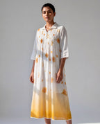 Ivory Ombre Printed Dress with Collared Neck and Smocked Yoke