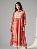 Blush Pink Cotton Dress with Floral Embroidered Yoke, Printed Panels and Fringe Details