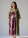 Olive Green Botanical Printed Cotton Dress with Gathered Yoke and Lace Trim Details