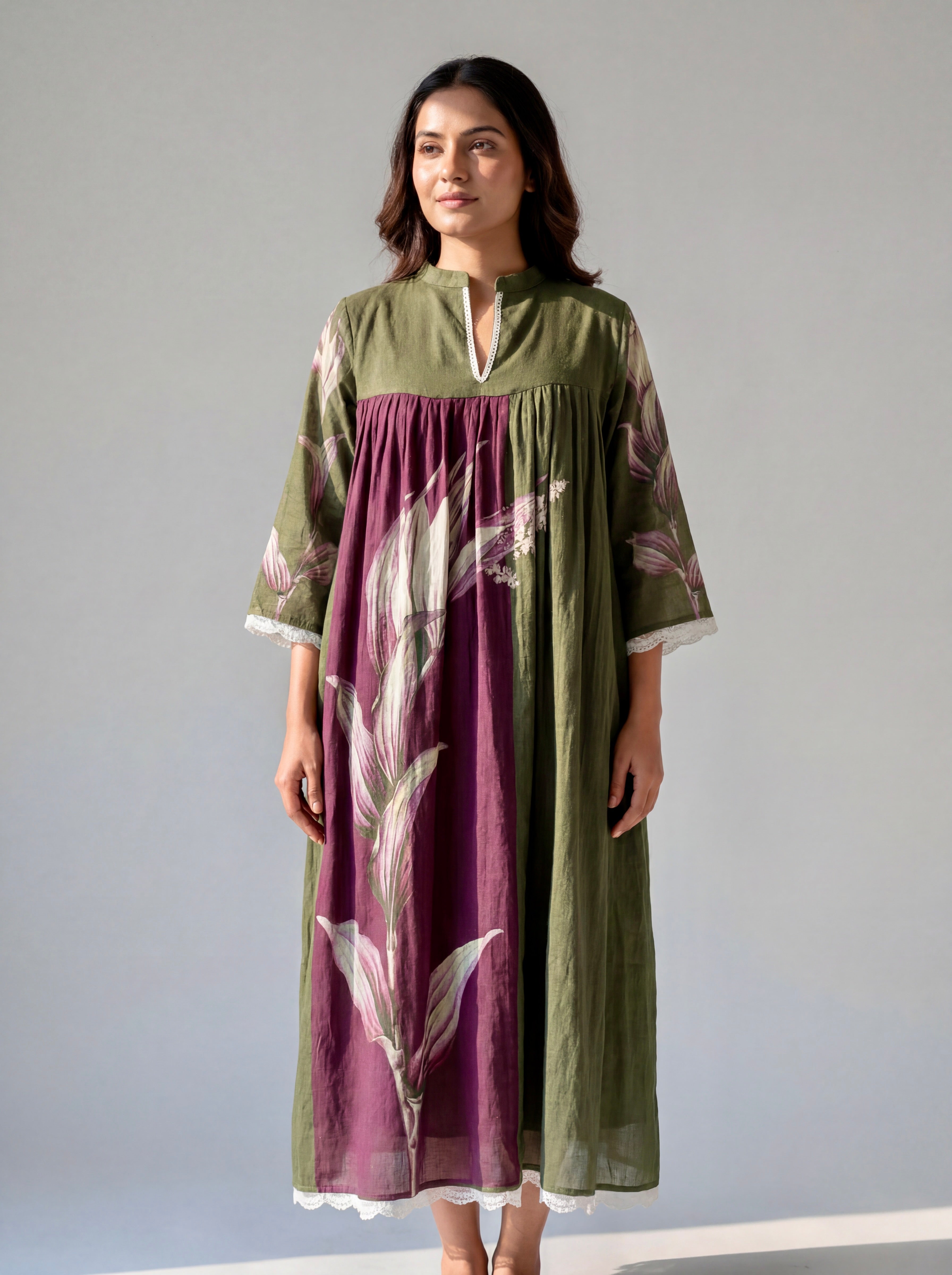 Olive Green Botanical Printed Cotton Dress with Gathered Yoke and Lace Trim Details