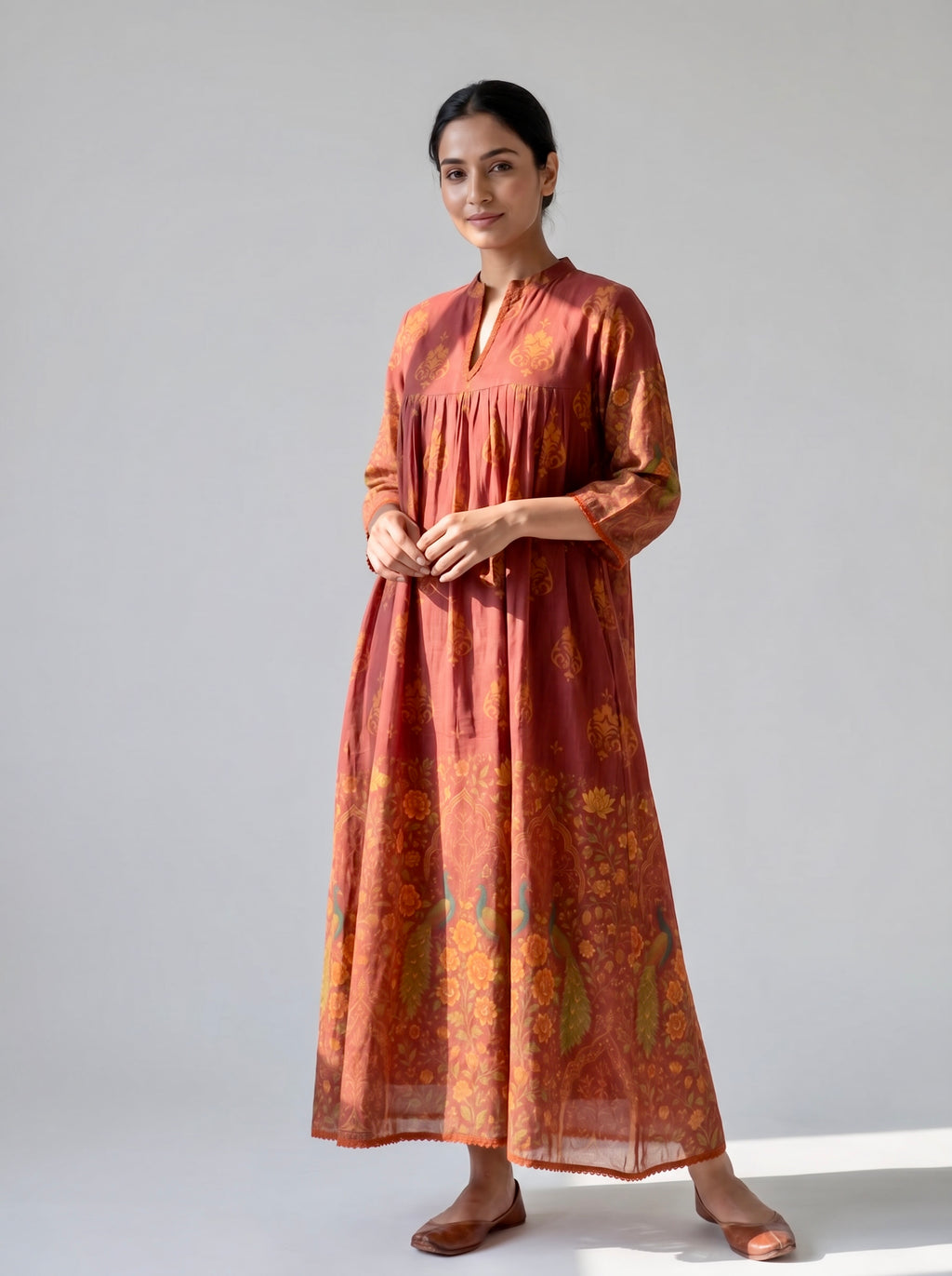 Terracotta Handblock Printed Cotton Dress with Gathered Yoke and Mandarin Neckline