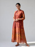 Terracotta Handblock Printed Cotton Dress with Gathered Yoke and Mandarin Neckline