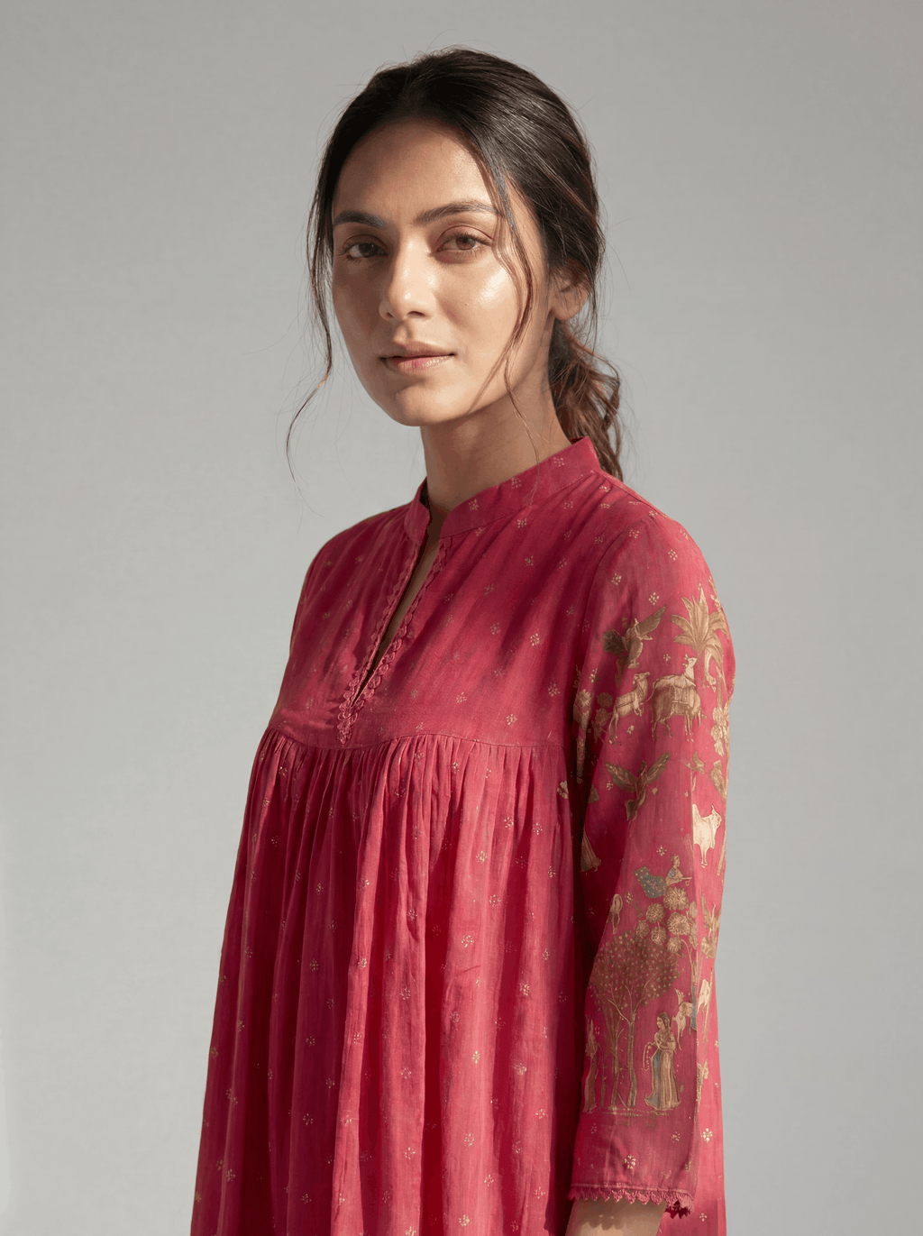 Raspberry Pink Heritage Printed Cotton Dress with Gathered Yoke and Lace Accents