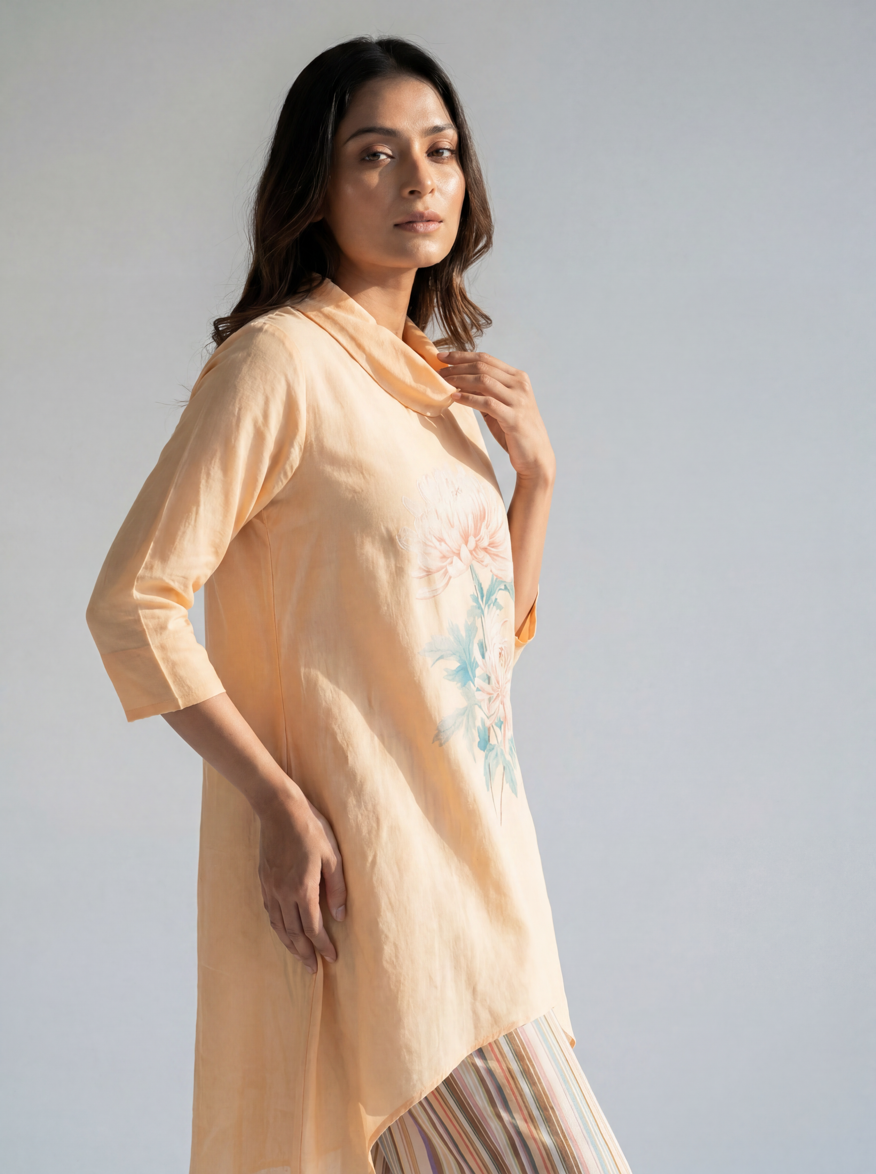Peach Floral Printed Co-ord Set with Asymmetric Top and Striped Straight Pants