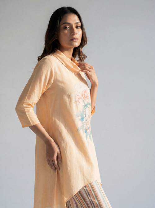 Peach Floral Printed Co-ord Set with Asymmetric Top and Striped Straight Pants