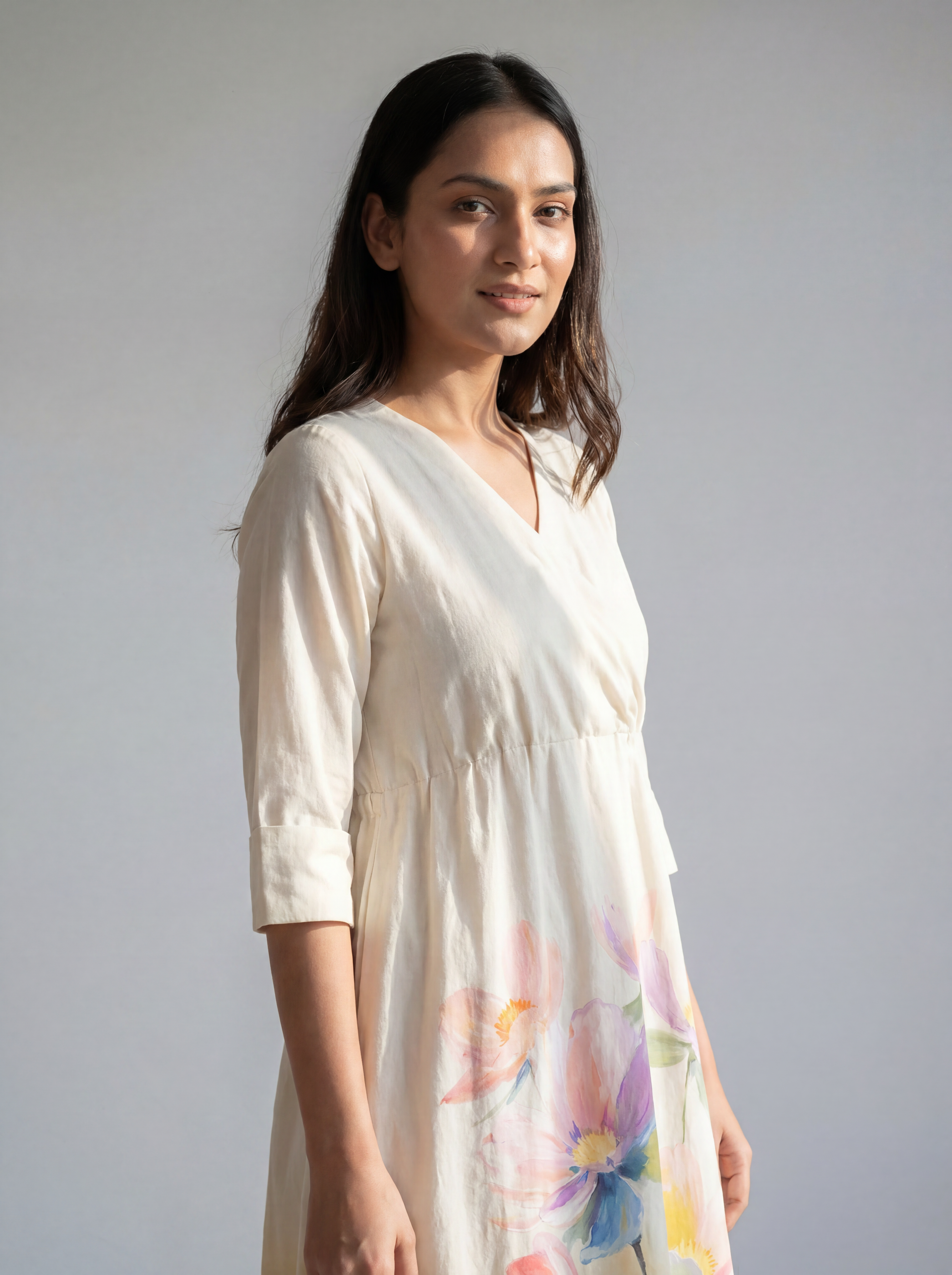 Ivory Ombre Floral Wrap Dress with Watercolour Print and Adjustable Waist Tie