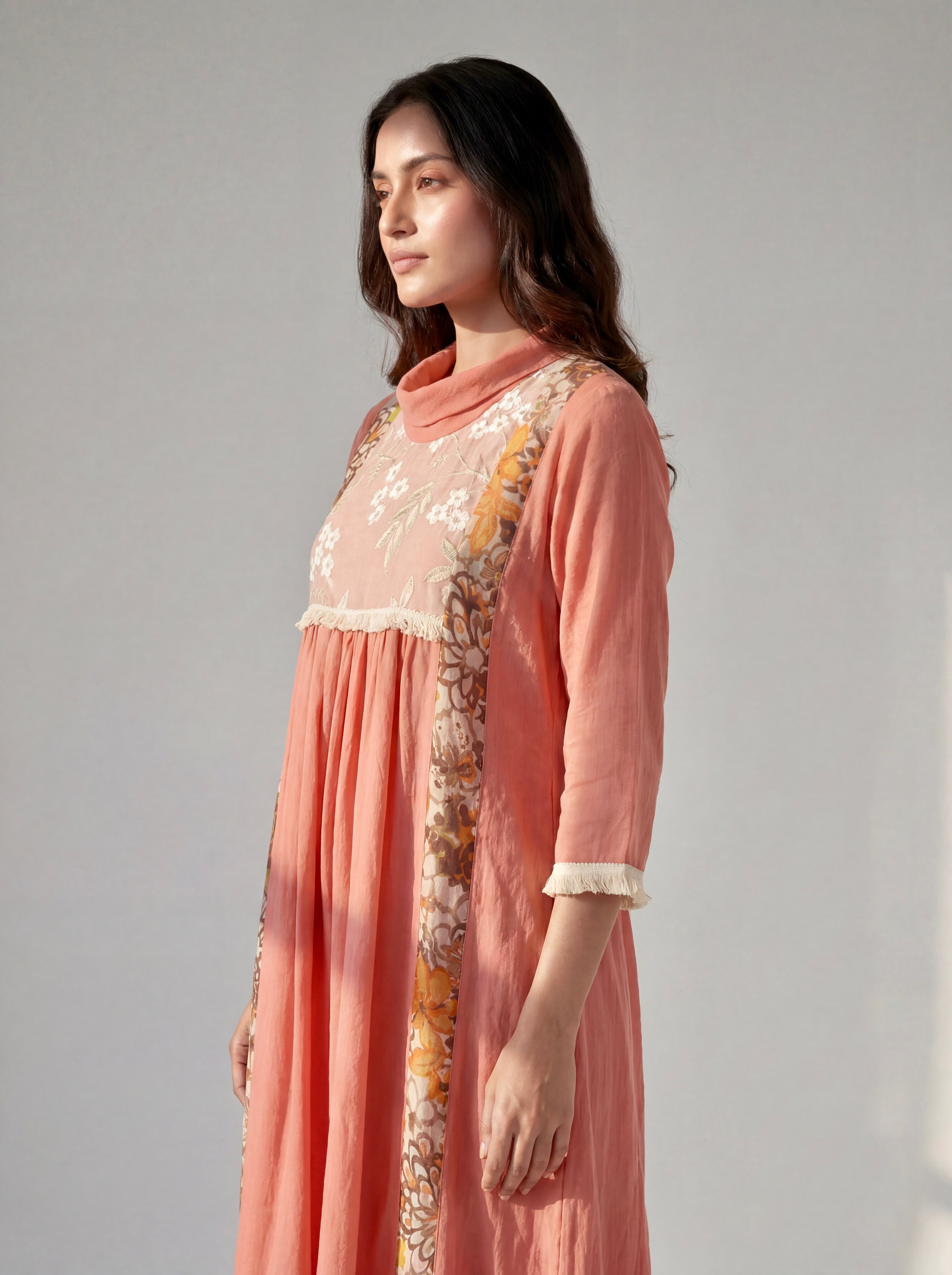 Blush Pink Cotton Dress with Floral Embroidered Yoke, Printed Panels and Fringe Details