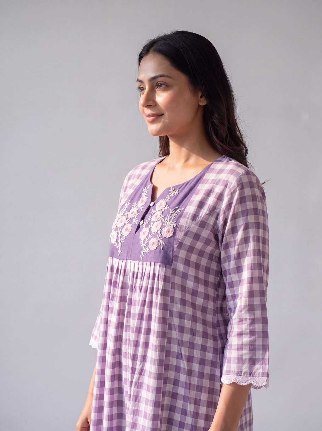 Lavender Gingham Embroidered Midi Dress