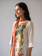 Ivory Floral Printed Tunic with Rust Scarf