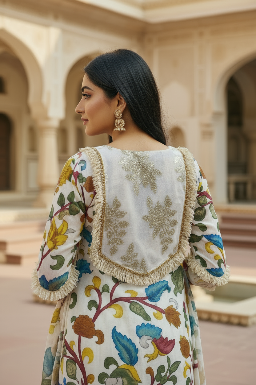 Kalamkari Print Dress With Silver Patti Appliqué.