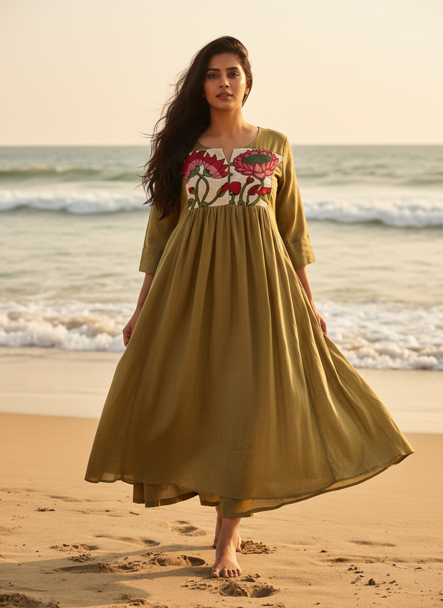 Cotton Dress with Hand-Painted Kalamkari Yoke