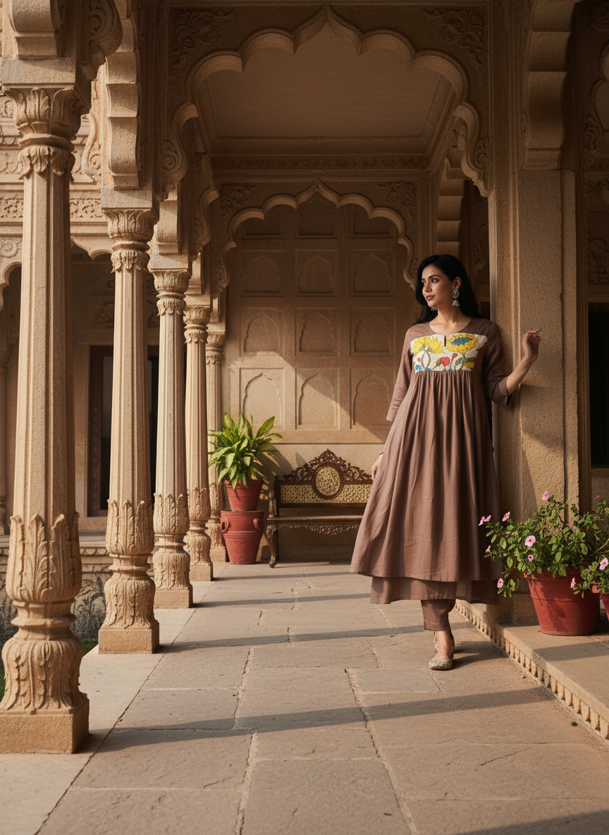 Brown Anarkali with Floral Yoke