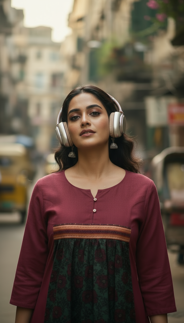 Maroon & Green Printed Panel Kurti