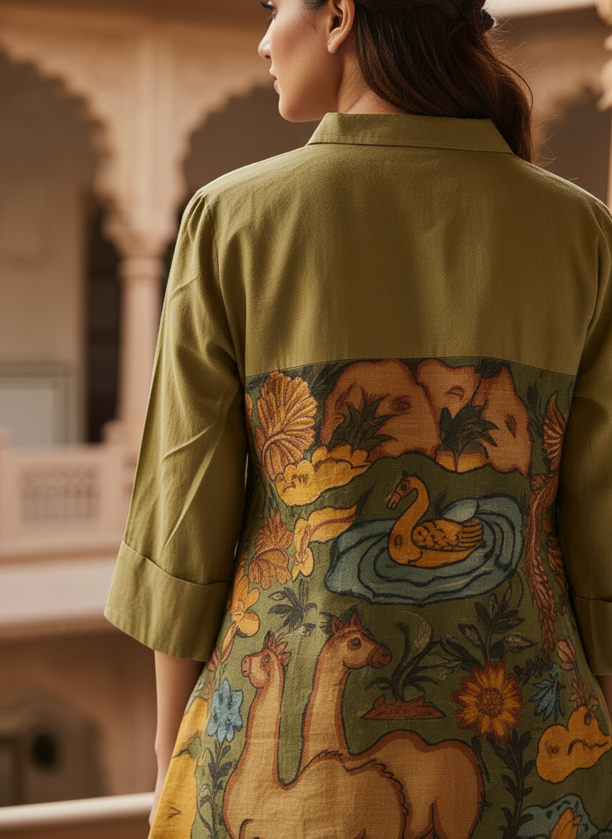 Olive Green Artisanal Folk Art Kurta Set With Pants