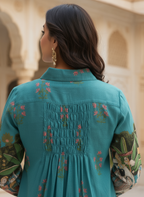 Teal cotton collared printed dress with pintuck detailing