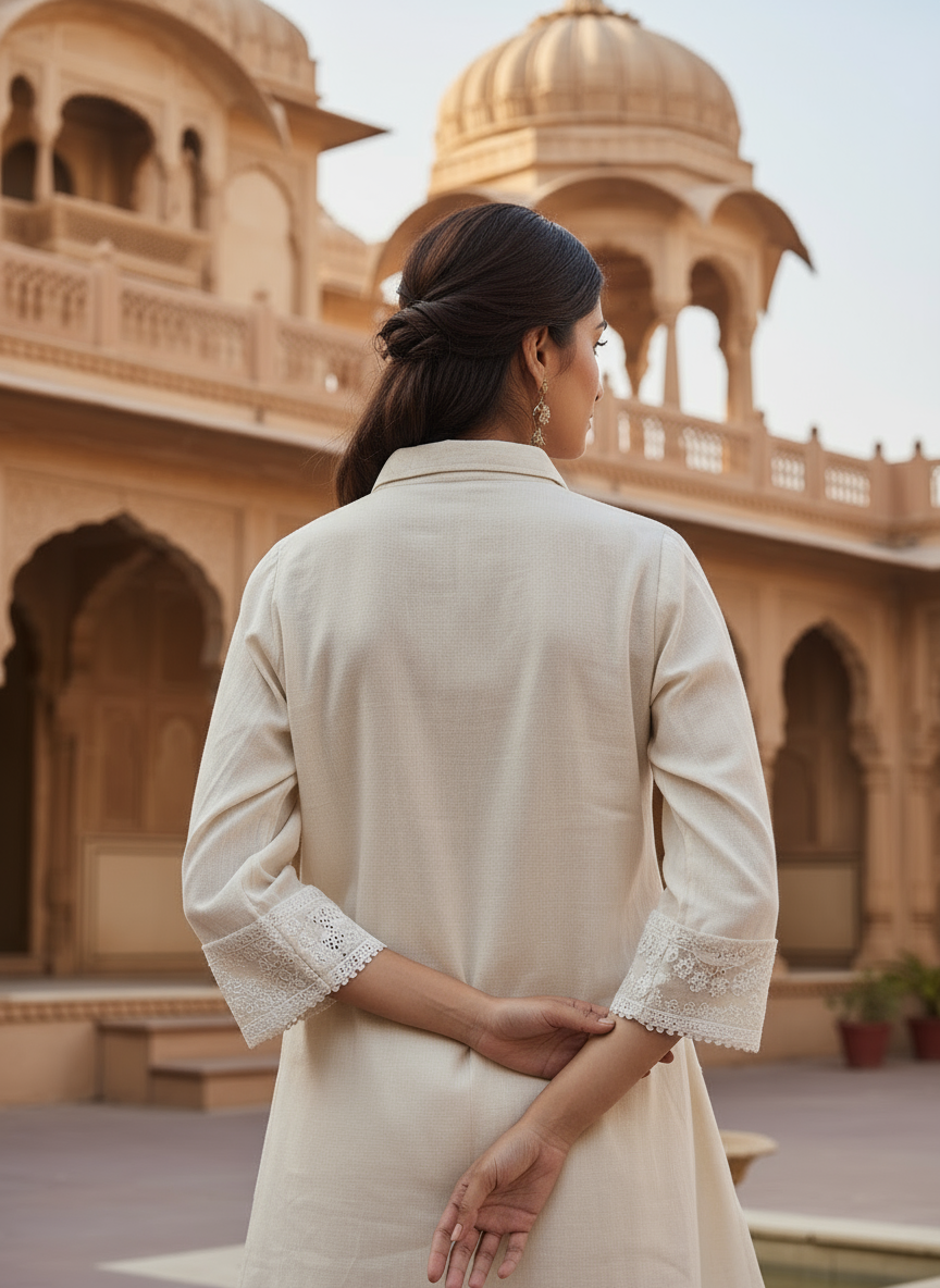 Off-White Cotton Co-ord set with thread and sequence work.