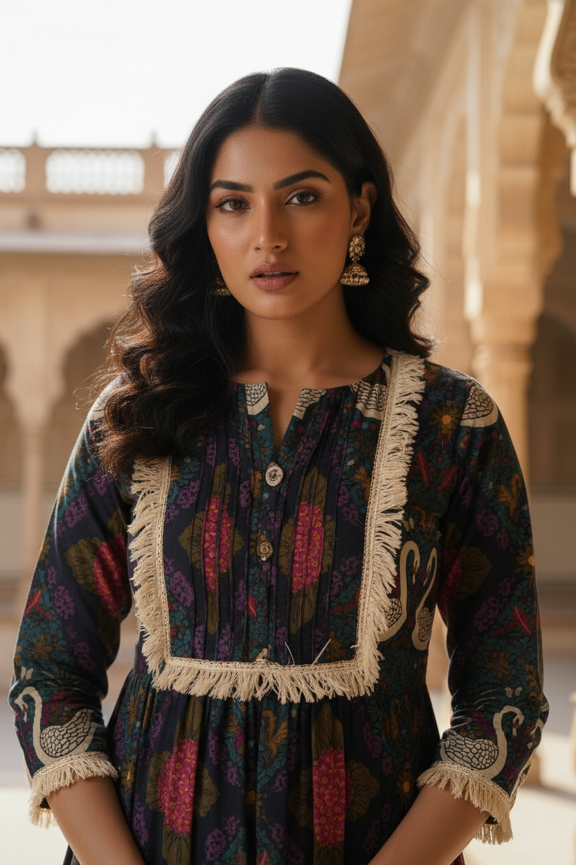 Swan Printed Cotton Dress With Ruffled Lace.