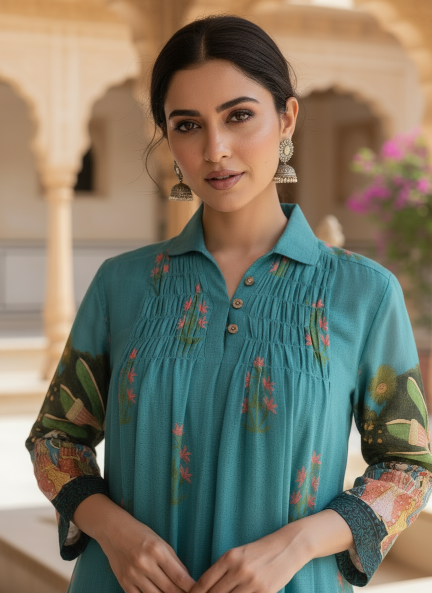 Teal cotton collared printed dress with pintuck detailing