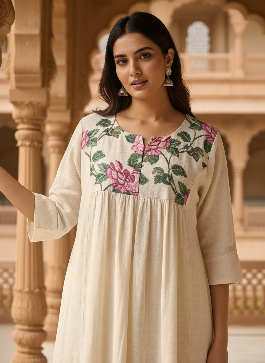 Ivory Kurti with Floral Print Yoke
