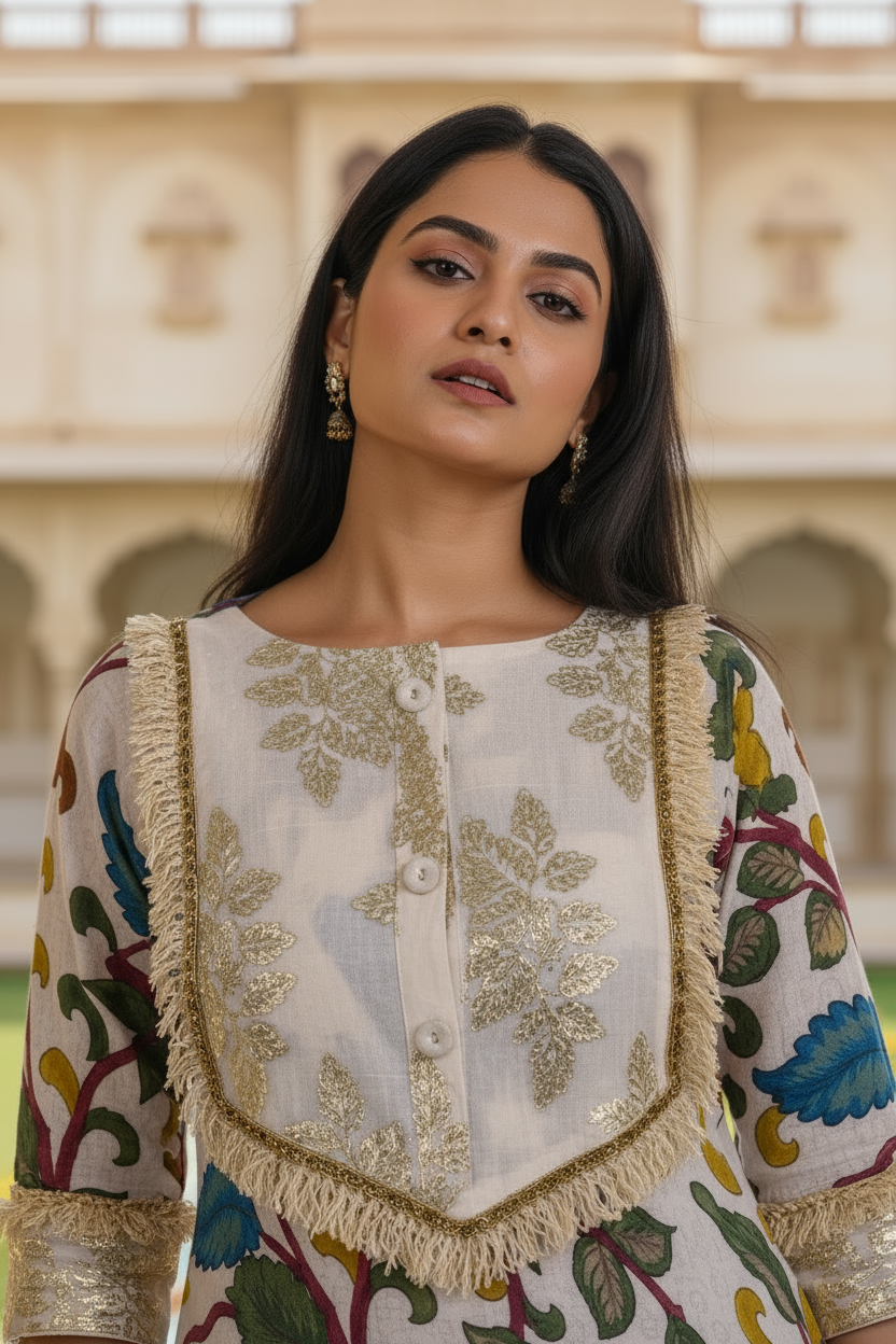 Kalamkari Print Dress With Silver Patti Appliqué.