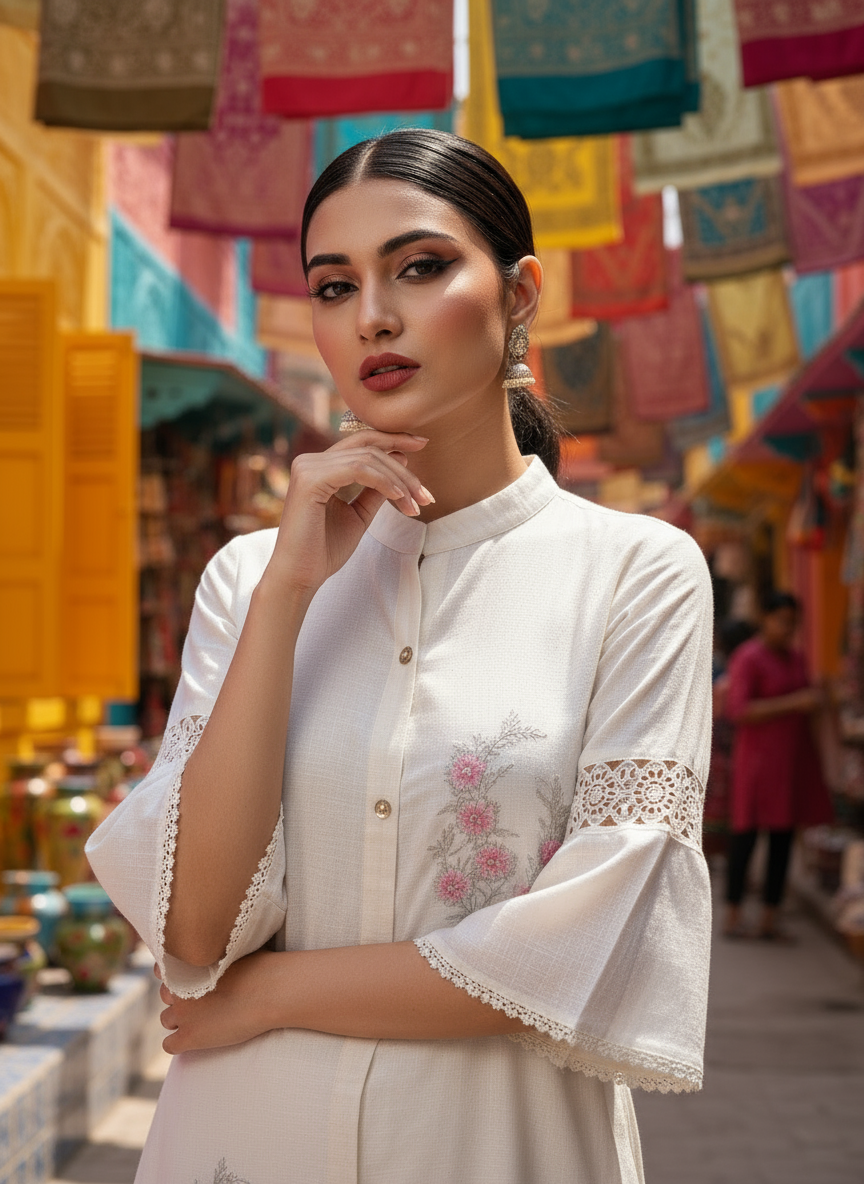 Elegant Ivory Tunic with Floral Embroidery