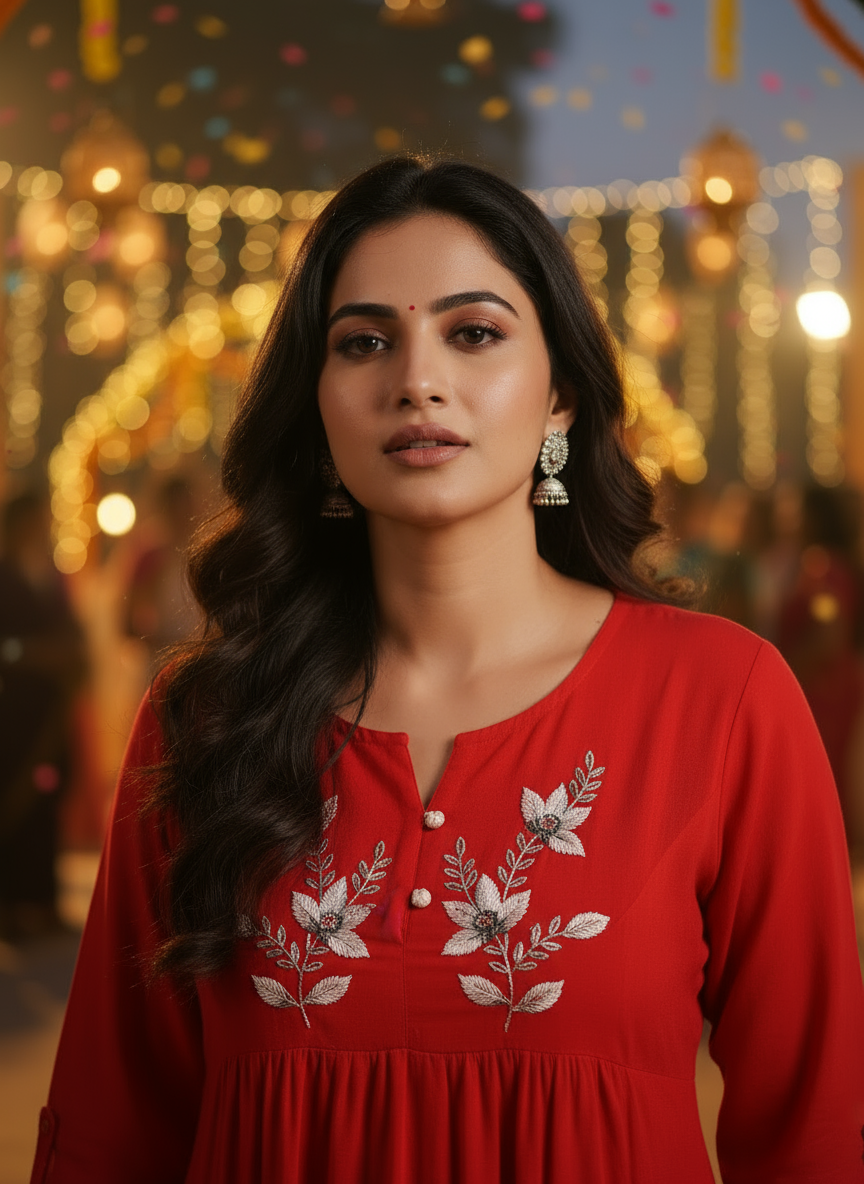 Red Embroidered A-Line Kurti with Elegant Floral Detailing