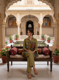 Olive Green Artisanal Folk Art Kurta Set With Pants