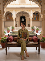 Olive Green Artisanal Folk Art Kurta Set With Pants