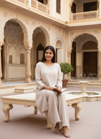 Pure linen beige co-ord set with frayed edges and wooden buckle accents.