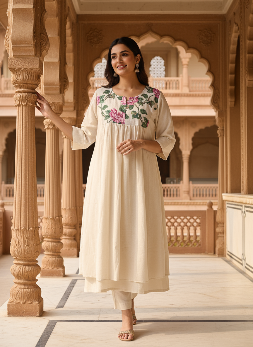 Ivory Kurti with Floral Print Yoke