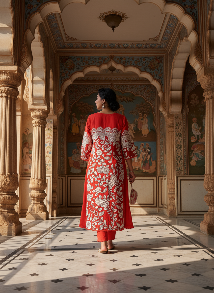 Red Scarlet Blossom Kurti