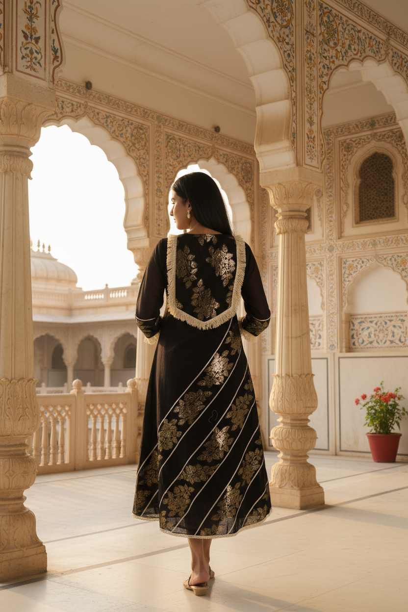 Black Cotton Dress With Silver Patti Appliqué.