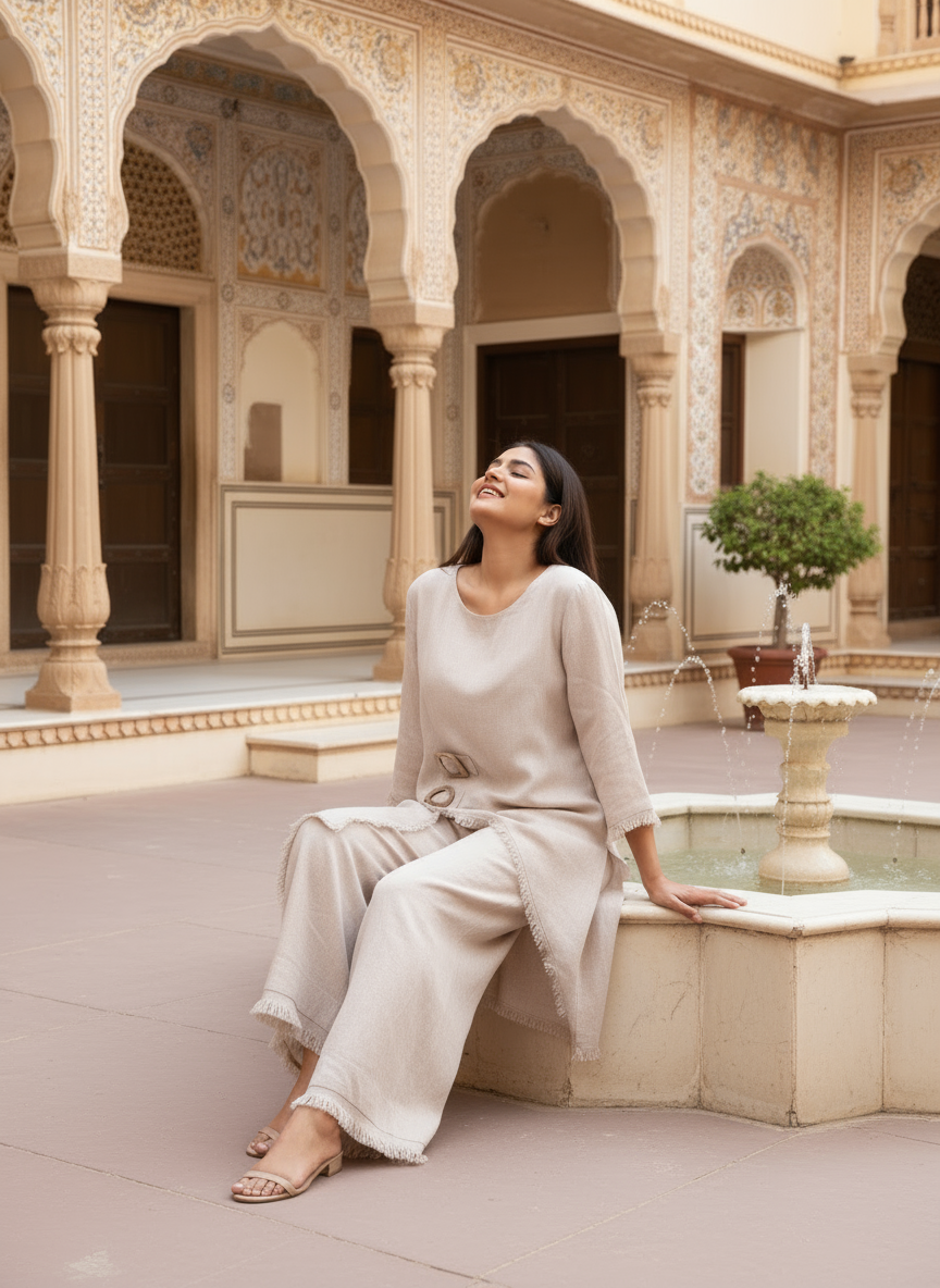 Pure linen beige co-ord set with frayed edges and wooden buckle accents.