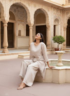 Pure linen beige co-ord set with frayed edges and wooden buckle accents.