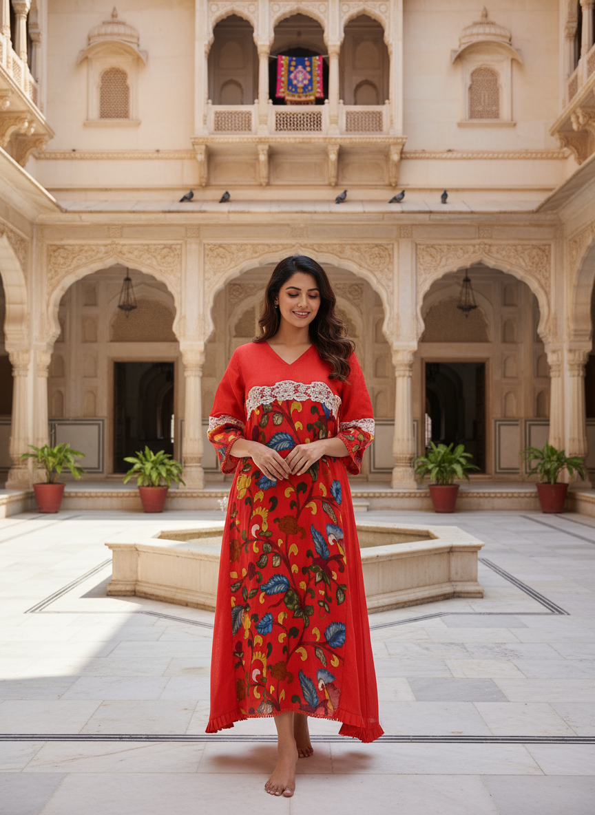 Red Artful A-line Kurti
