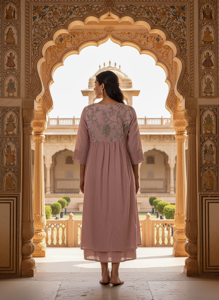 Lilac Organza Dress With Yoke Embroidery