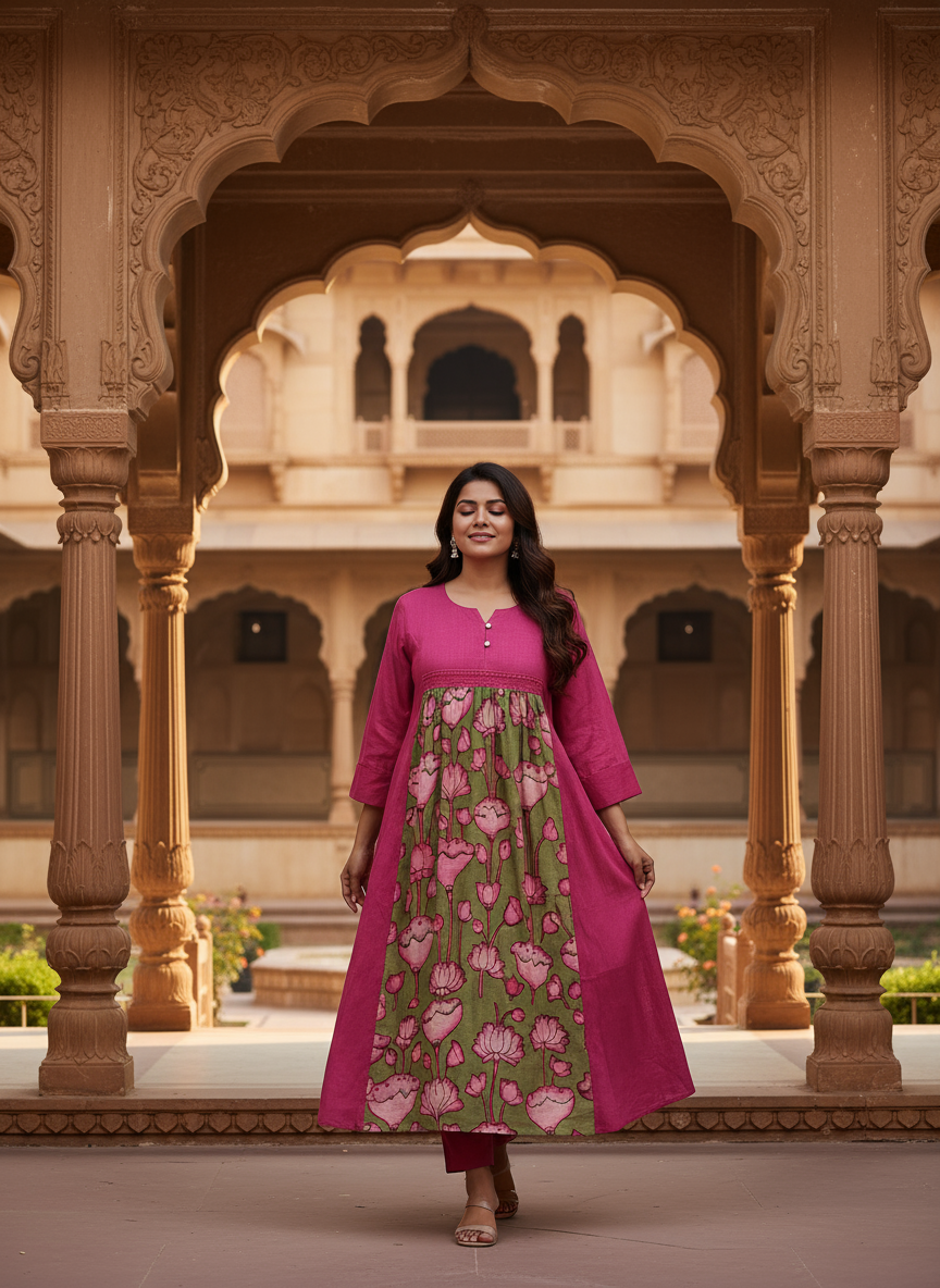 Magenta Dress With Olive Green Kalamkari