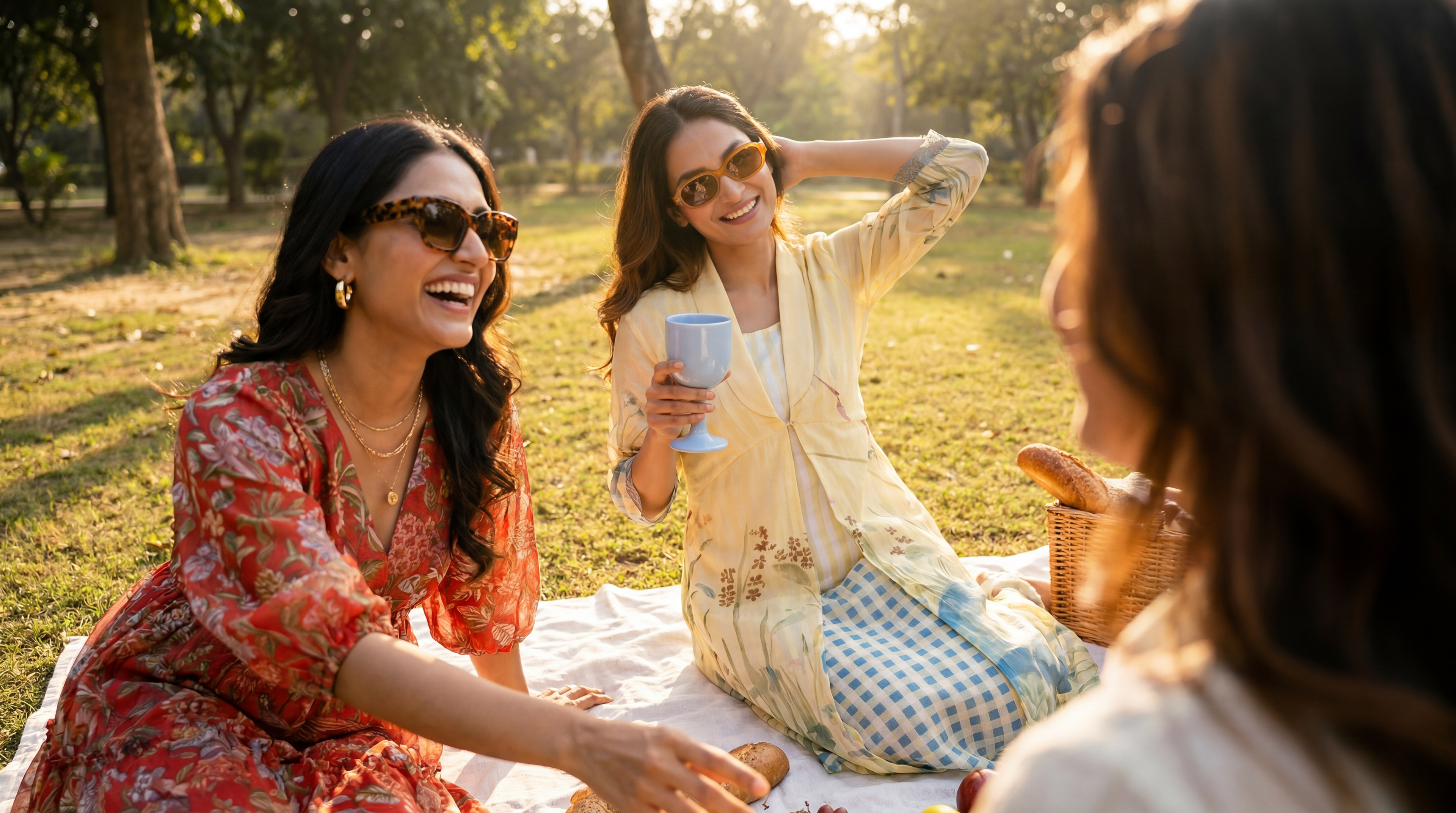 Two women sitting on a blanket in a park, one holding a glass of wine, enjoying a sunny day.