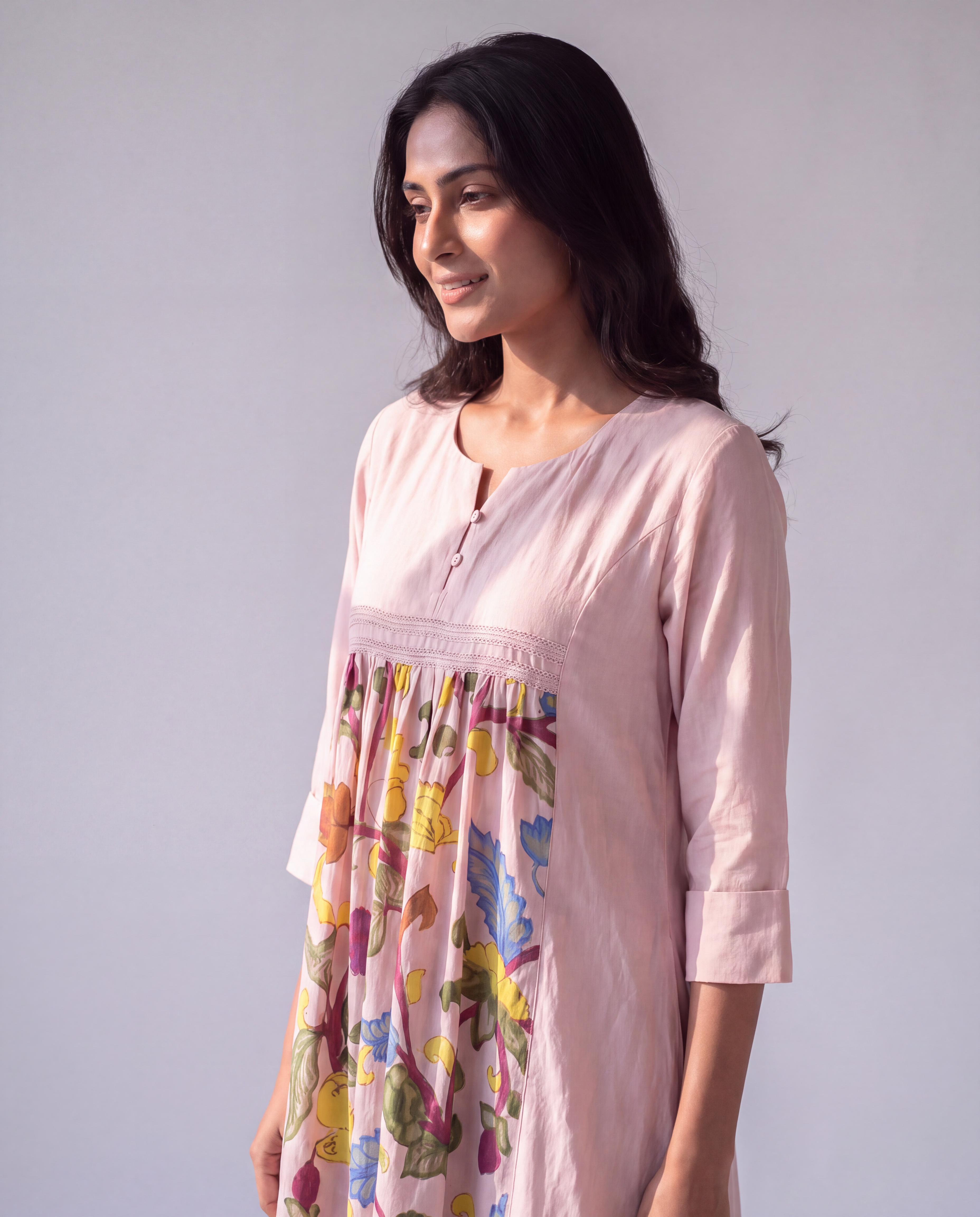 Lilac Cotton Dress with Printed center panel and lace detailing.