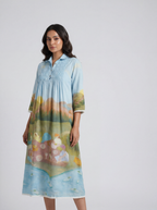 Sky Blue Scenic Print Cotton Dress