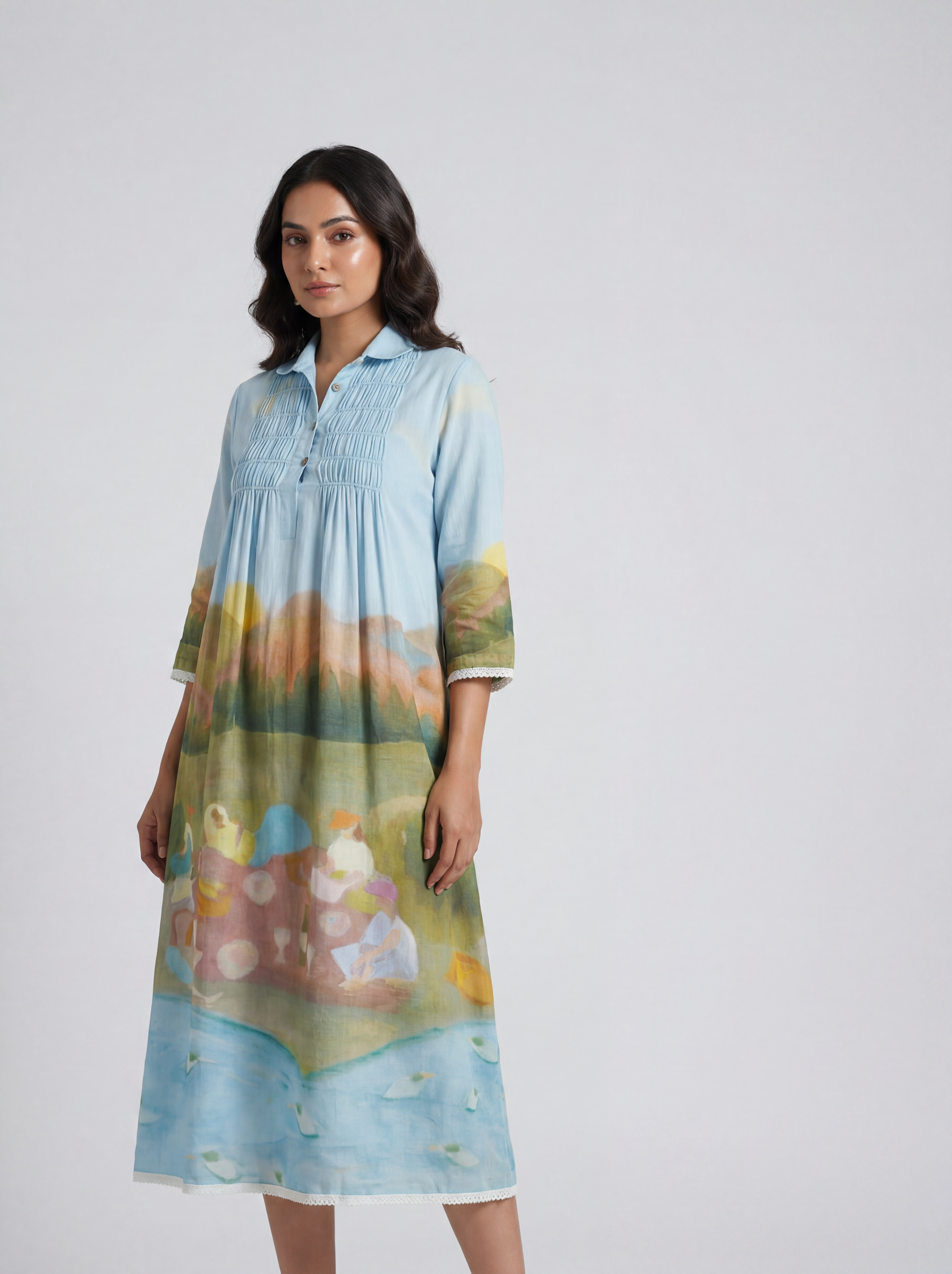 Sky Blue Scenic Print Cotton Dress