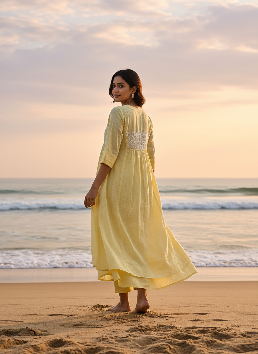 Cotton Dress with Hand-Painted Kalamkari Yoke